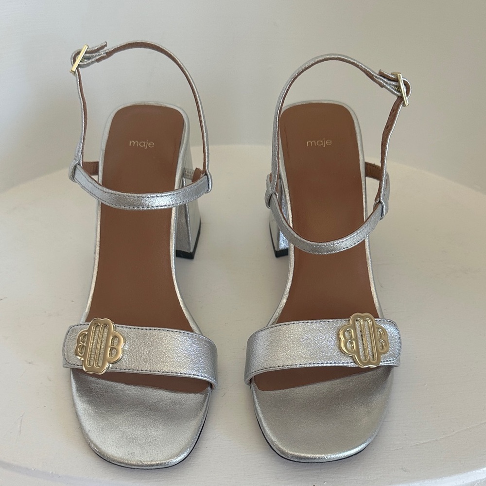 Maje Metallic Silver Heels with Gold Buckle